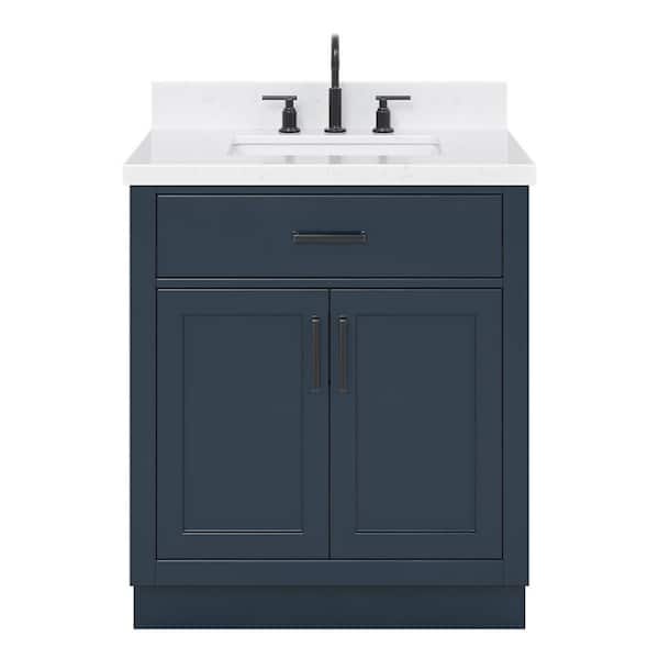 Hepburn 30 in. W x 22 in. D x 36 in. H Single Sink Freestanding Bath Vanity in Midnight Blue with Carrara Quartz Top