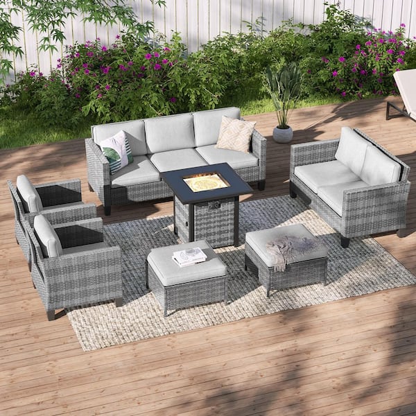 Sonkuki 7-Pieces Patio Conversation Set with Square Fire Pit Table and Loveseat Sofa, Gray Wicker with Linen Gray Cushions