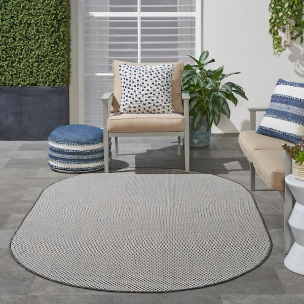 Courtyard Ivory/Charcoal 5 ft. x 8 ft. Oval Solid Geometric Contemporary Indoor/Outdoor Area Rug