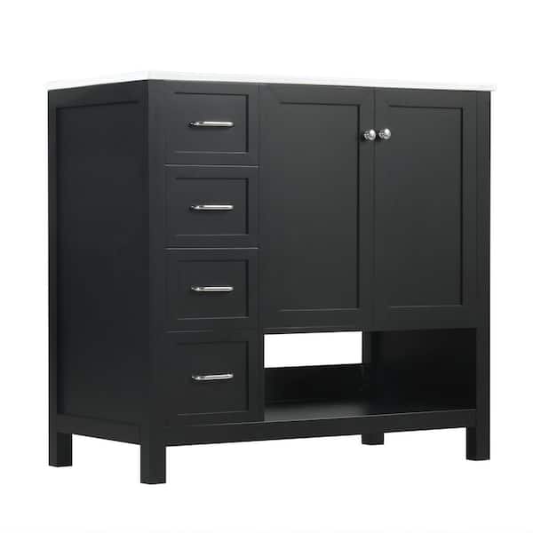 36 in. Black Wood Rectangle Vessel Sink Bathroom Vanity Combo with 2 Doors and 2 Drawers