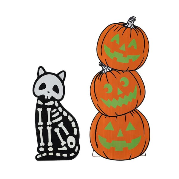 24 in. H and 36 in. H Halloween Wood Skeleton Cat and Stacked Pumpkin Porch Décor, Set of 2