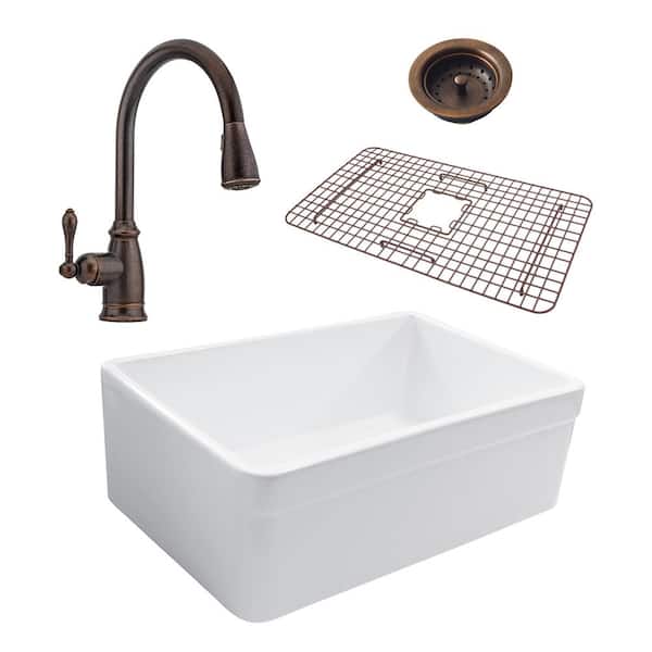 SINKOLOGY Wheatley Reversible All-In-One Farmhouse Fireclay 30 in. Single Bowl Kitchen Sink with Pfister Rustic Bronze Faucet