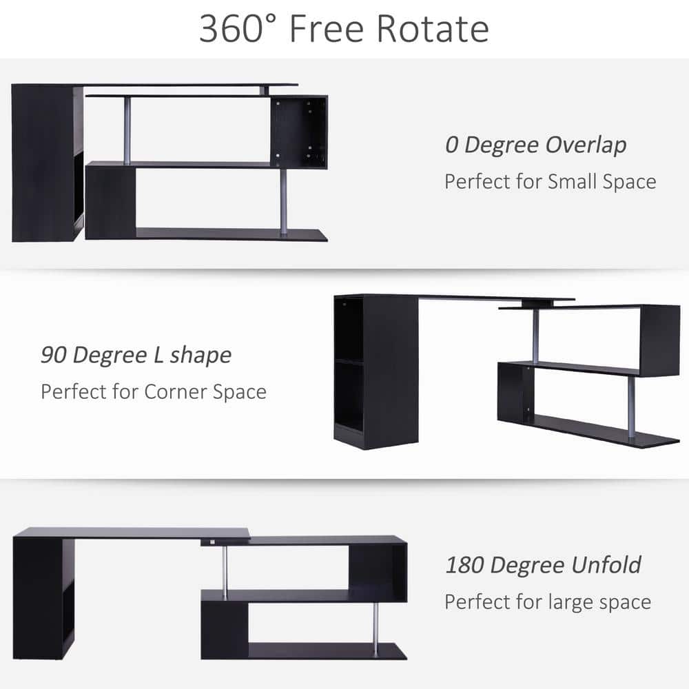 Black Engineered Wood Rotating L-Shaped Corner Writing Desk
