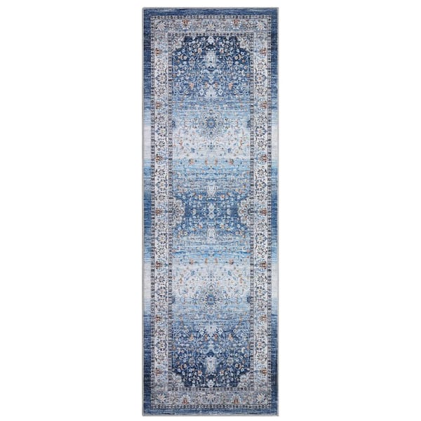 Soft Vintage Distressed Carpet Short Pile Non-slip Rug Washable Printed Rug Living Room Decorative Rug Blue 2X6ft