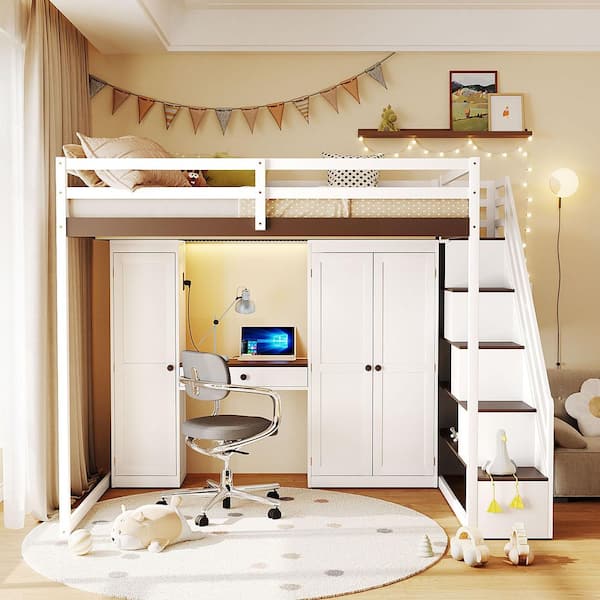Harper & Bright Designs White and Brown Full Size Wood Loft Bed with Mirror Dressing Table, Storage Staircase, Wardrobe, Charging Ports, Lights QMY447AAP