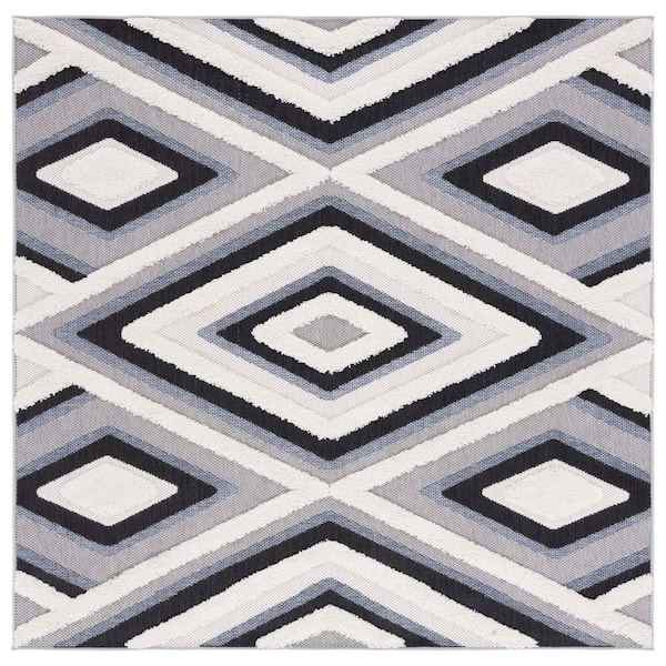Cottage Ivory/Black 7 ft. x 7 ft. High-Low Diamond Geometric Indoor/Outdoor Square Area Rug