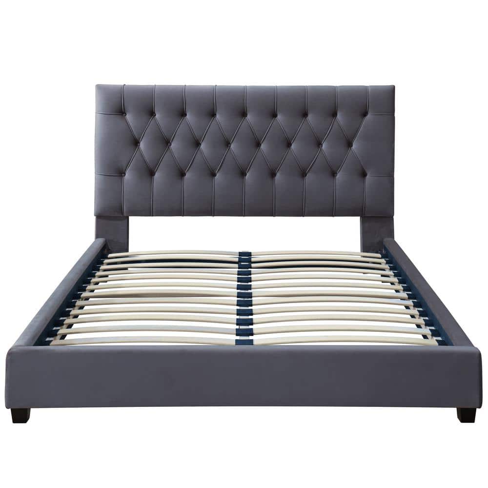 Gray Velvet Upholstered Queen Platform Bed with Tufted Headboard