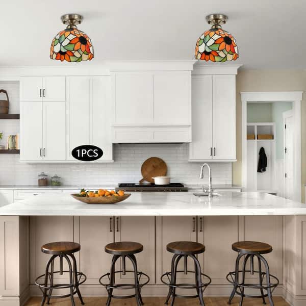 OUKANING 7.87 in. 1-Light Orange Sunflower Retro Semi-Flush Mount