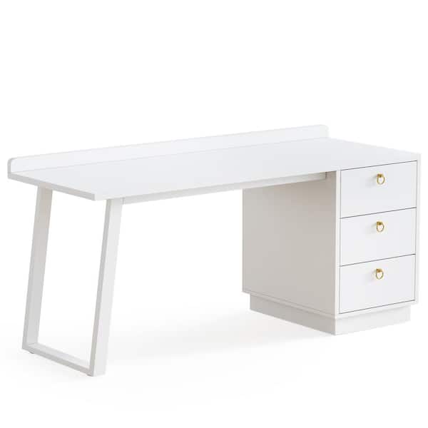 BYBLIGHT 55.12 in. Rectangular White Wood 3-Drawer Computer Desk with Storage