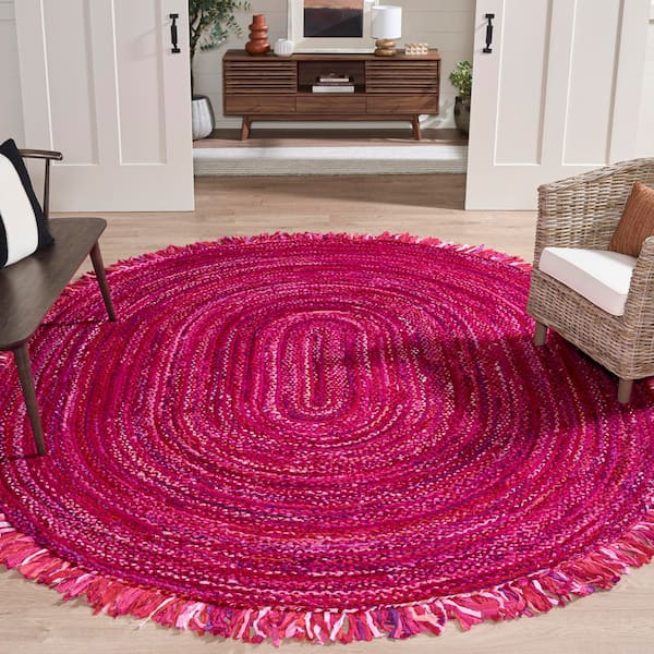 Braided 7 ft. x 9 ft. Oval Pink/Fuchsia Striped Solid Color Area Rug