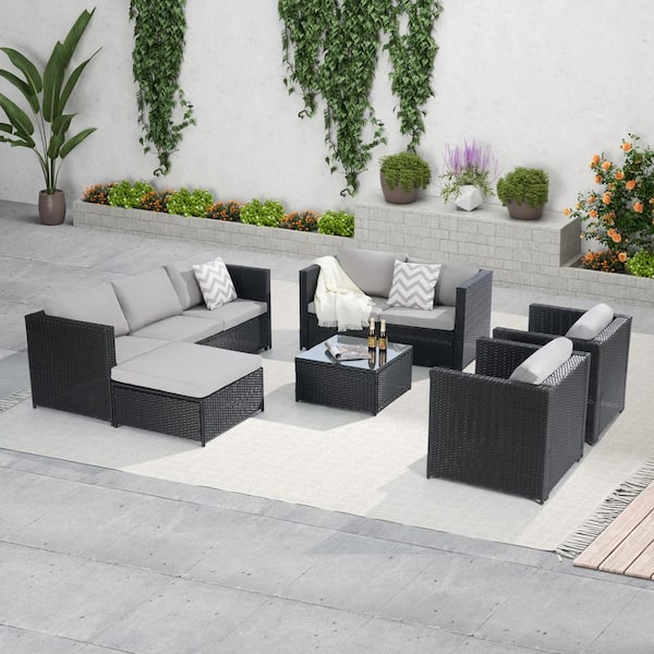 Unbranded 6 -Piece Black Wicker Rattan Outdoor Garden Table And Table Furniture Sectional Set with Light Gray Cushions
