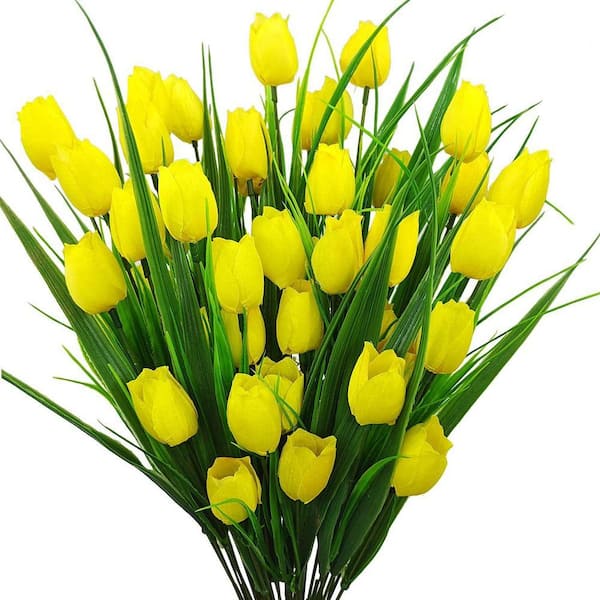 15.25 in. Yellow 8 Bundles Outdoor Artificial Tulips Fake Flowers UV Resistant Faux Plastic Greenery Shrubs Plants
