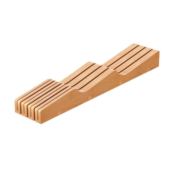 Bamboo Knife Drawer Organizer with In-Drawer and 11 Knives for Organizing Knives in Kitchen Drawers, Natural (1-Pack)
