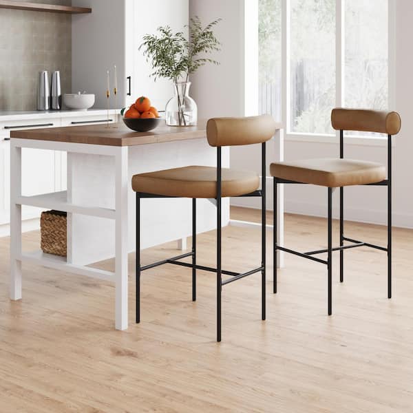 Dahlia Mid-Century Counter Bar Stool with Back, with Brown Leather Cushions, 21 in. L x 17 in. W x 36 in. H, Set of 2
