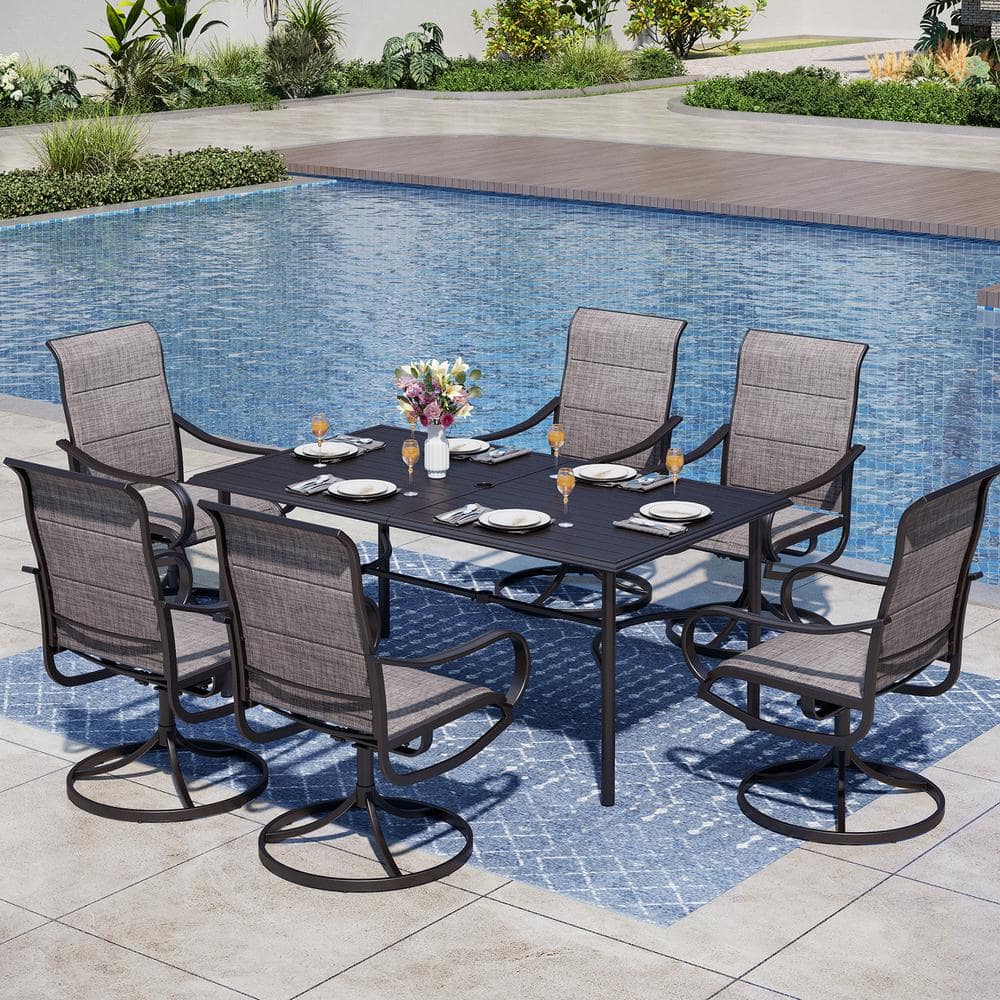 PHI VILLA Black 7-Piece Metal Outdoor Patio Dining Set with Rectangle ...