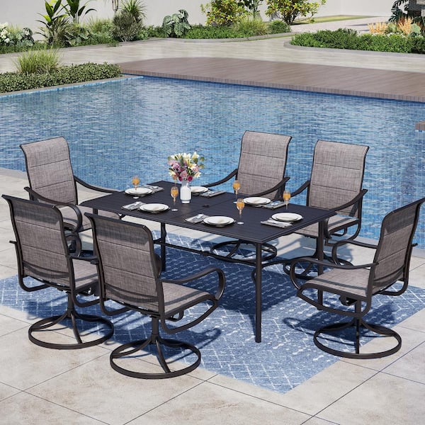 PHI VILLA Black 7-Piece Metal Outdoor Patio Dining Set with Rectangle Table and Padded Textilene Swivel Chairs