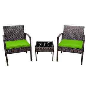 3-Piece Rattan Bistro Set Chair with Thick Cushions and Glass Top Coffee Table (Green)