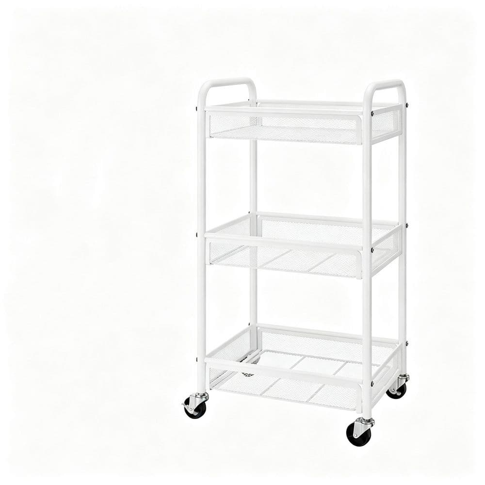 White 3 Tier Rolling Cart, Metal Utility Storage Carts with Wheels, Craft Carts Organizer with Hanging Cups for Kitchen