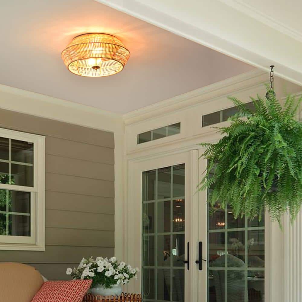 Vintage Brass and Natural Rattan Geometric Cage Flush Mount Light