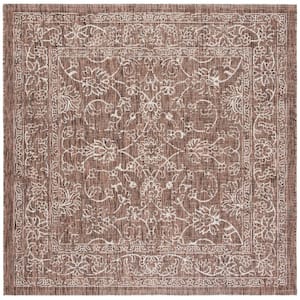 Courtyard Brown/Ivory 4 ft. x 4 ft. Border Floral Scroll Indoor/Outdoor Patio  Square Area Rug