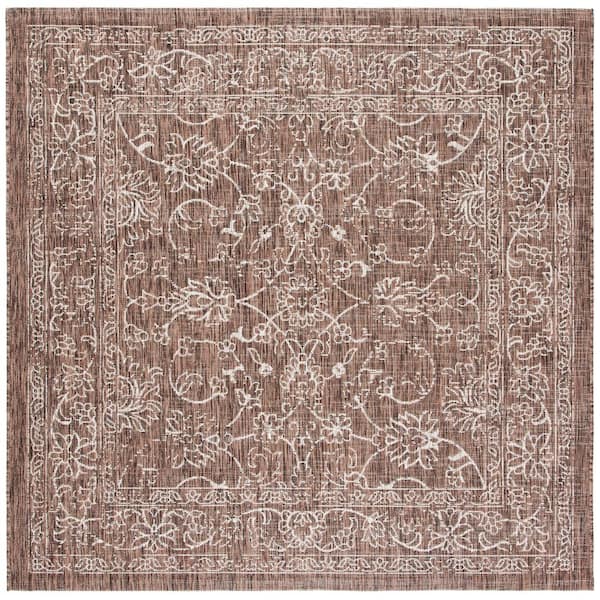 SAFAVIEH Courtyard Brown/Ivory 4 ft. x 4 ft. Border Floral Scroll Indoor/Outdoor Patio  Square Area Rug