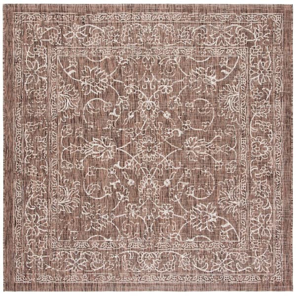 SAFAVIEH Courtyard Brown/Ivory 8 ft. x 8 ft. Border Floral Scroll Indoor/Outdoor Patio  Square Area Rug