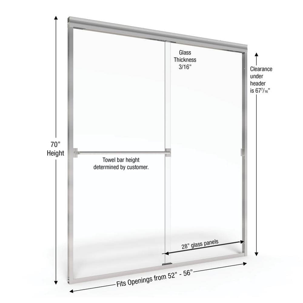 Classic 56" x 70" Brushed Nickel Rain Glass Sliding Shower Door