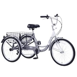 24 in. Silver 7 Speed Cruiser Bicycles with Large Shopping Basket for Women and Men