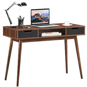 20 in. Rectangular Walnut Wood 2-Drawer Computer Desk with-Drawer