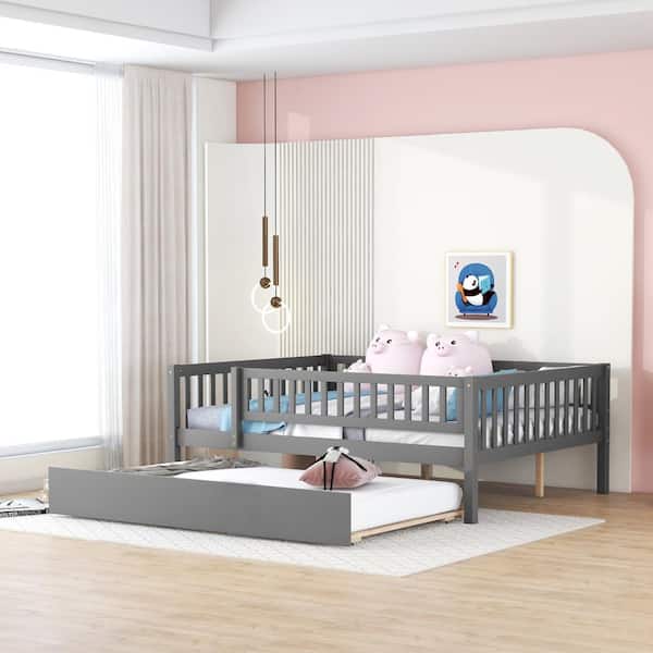 Gray Full Size Daybed with Trundle, Fence Guardrails