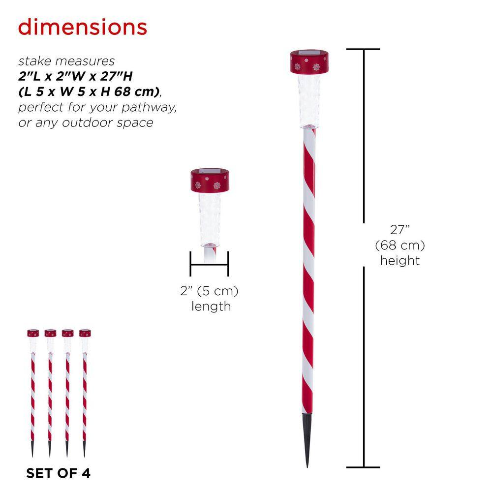 Alpine Corporation 27" Striped Plastic Solar Light-Up Holiday Garden Stakes, Set of 4, Red/White