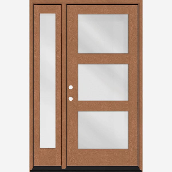 Steves & Sons Regency 53 in. x 80 in. Modern 3-Lite Equal Clear Glass RHIS Autumn Mahogany Fiberglass Prehung Front Door 14 in. SL