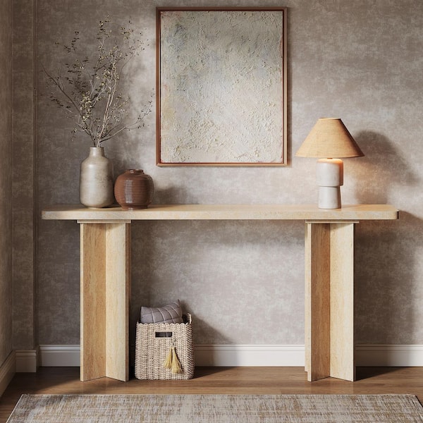 BYBLIGHT Turrella 63 in. Faux Travertine Finish Entryway Table with X-Legs, Rectangle MDF Console Table for Living Room