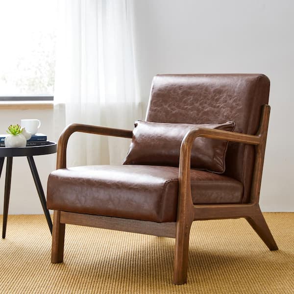 Glitzhome 30.00 in. H Brown Mid-century Modern Coffee Leatherette Accent Armchair with Walnut Ruberwood Frame