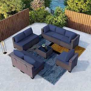 9-Piece Wicker Outdoor Sectional Set with Cushion Navy