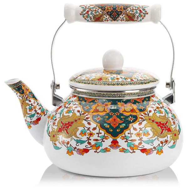 Accent Plate 2.6 qt. Enamel Tea Kettle Colorful Floral Pattern Vintage Stovetop Teapot with Ceramic Handle Induction