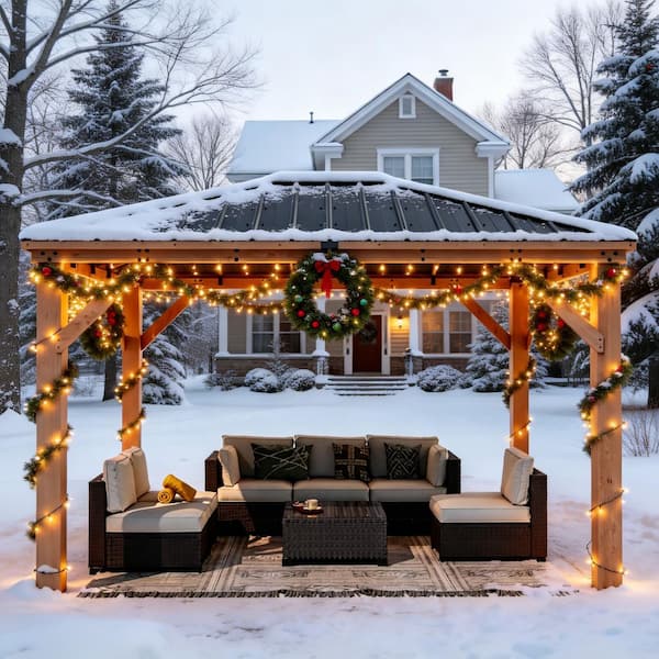 DIY 11 ft. x 13 ft. Cedar Wood Outdoor Gazebo Kit with Hardtop Metal Roof and Solar LED Lighting System