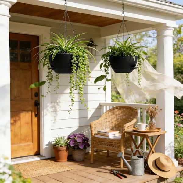 Hcman 2-Pack 13 in. Self Watering Hanging Planters with Removable 50 oz. Reservoir, Plastic Hanging Basket, Black