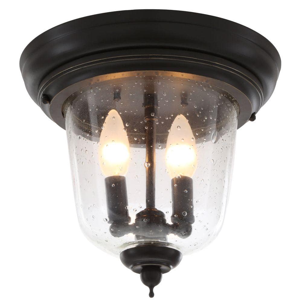 Antique Bronze 2-Light Flush Mount with Seeded Glass