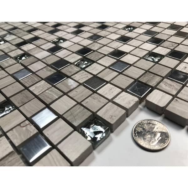Classic Design Multifinish Silver & Beige 12 in. x 12 in. Square Mosaic Glass Metal & Stone Wall Tile (1 Sq. Ft./Piece)