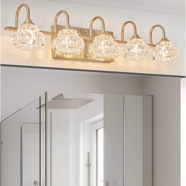29 in. 5 Light Golden Bathroom Wall Mounted Vanity Light with Crystal Glass Shades （Bulb Not Included）