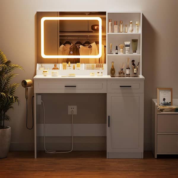 Hommpa 2-Drawers White Makeup Vanity Desk with LED Lighted Mirror, Power Strip, 3-Tier Storage Shelves and Hair Dryer Holder