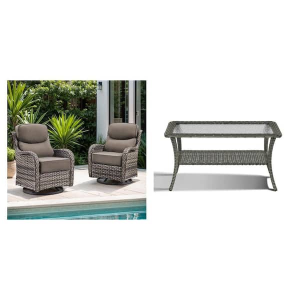 Crescent Moon Wicker Rocking Chair with Gray Cushions (Set 2-Pack) and Gray Wicker Glass Side Table Combo