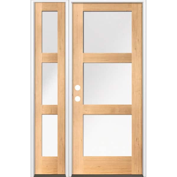 Krosswood Doors 50 in. x 80 in. Modern Hemlock 3-Lite Right-Hand/Inswing Satin Glass Clear Stain Wood Prehung Front Door