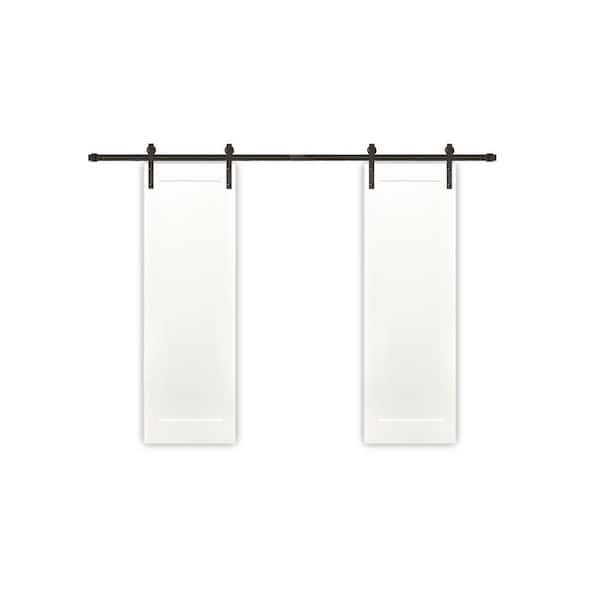 Pacific Entries 48 in. x 80 in. Bi-Part Shaker Unfinished 1-Panel Solid Core Primed Pine Sliding Barn Door with Bronze Hardware Kit
