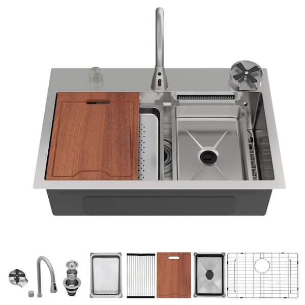 31.5 in. Drop-In Single Bowl 16-Gauge Brushed Nickel Stainless Steel Kitchen Sink with Pullout Faucet and Soap Dispenser