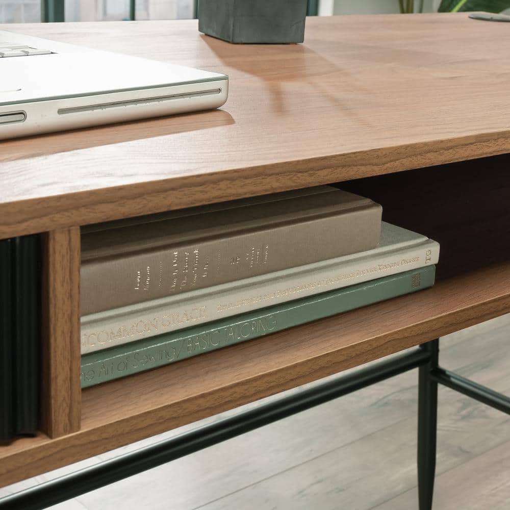 Serene Walnut L-Shaped Corner Desk with Black Drawers and Filing Cabinet