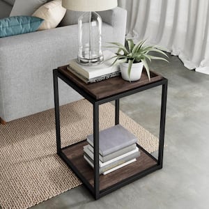 Nash 22 in. Nutmeg Matte Black Accent End Table or Modern Side Table with Tray Top Shelves and Metal Frame