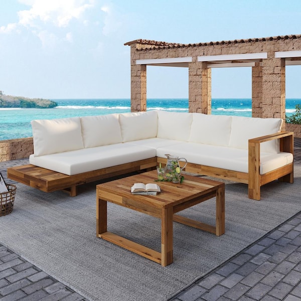 Sudzendf 4-Piece Acacia Wood Outdoor Conversation Patio Furniture Set with Beige Cushions