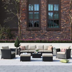 Rimaru 9-Piece Wicker Outdoor Patio Conversation Seating Set With Beige Cushions